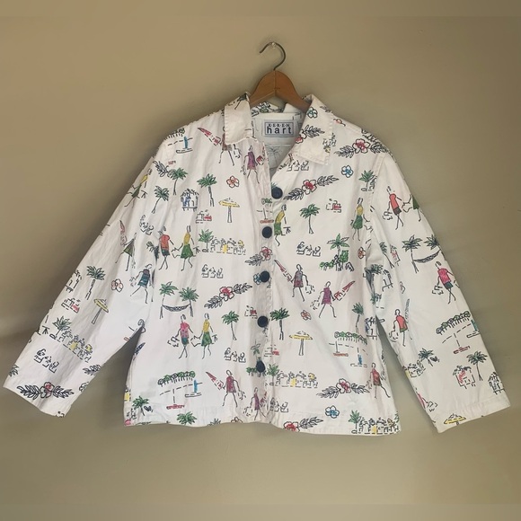 Keren Hart Denim Jacket Embroidered Tropical vacation resortwear xl - Picture 1 of 7